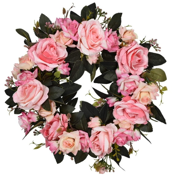 Artificial Rose Flower Wreath - Door Wreath 15 Inch Fake Rose Spring Wreath for Front Door, Wall, Wedding, Home Décor (Pink )