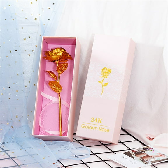Artificial Rose Flower in Gift Box Colorful Plastic Long Decoration for Valentine's Day Mother's Day Wedding Centerpiece(Gold)