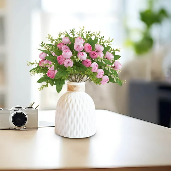 Artificial Rose Flowers, 15 Buds Fake Rose Long Stem Bouquet, Realistic Silk Pink Rose, Faux Roses for Valentine's Day Parties and Wedding Decoration