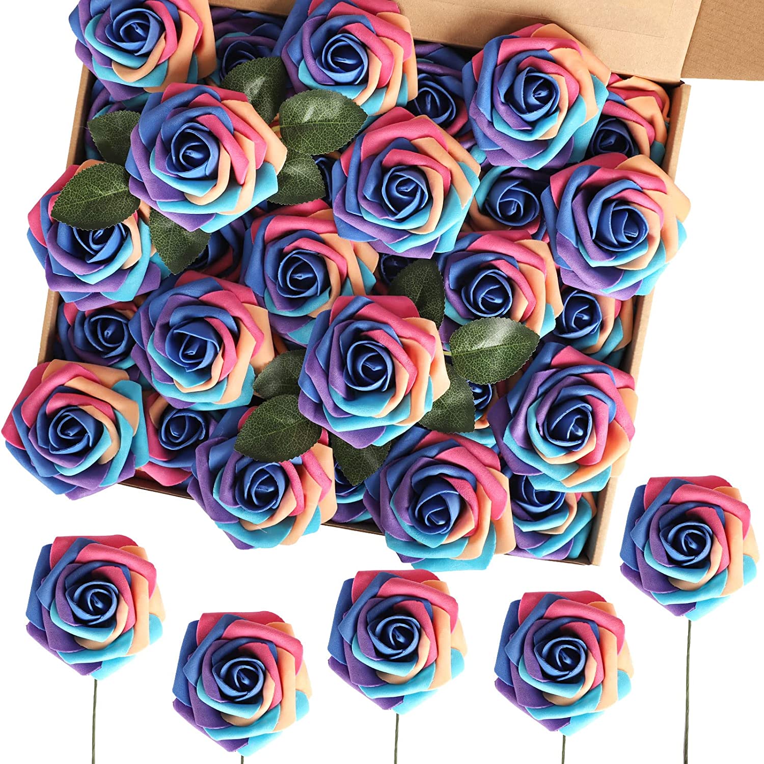 Artificial Rose Flowers 60pcs Real Looking Foam Fake Roses Rainbow Fake ...