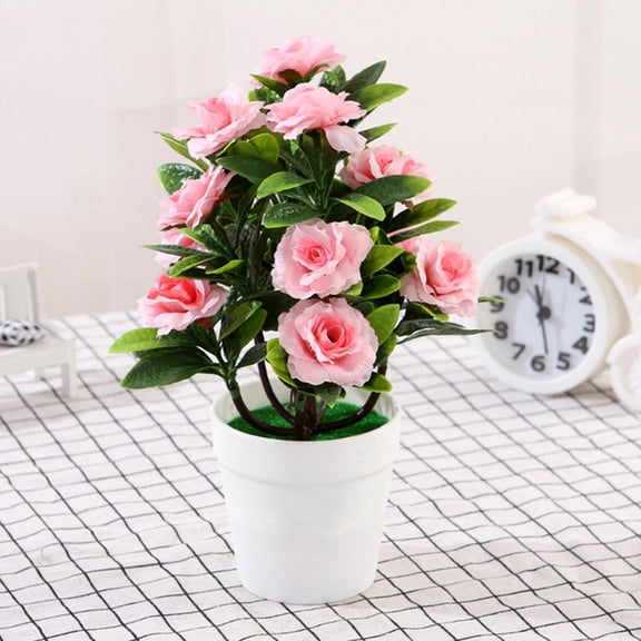 Artificial Rose Flowers in Decorative Pot, 18x25 cm Silk and Plastic Faux Plant, Realistic Pinecone Bonsai Style for Wedding Party Office Garden Home Decoration, Optional White Red Pink(Pink)