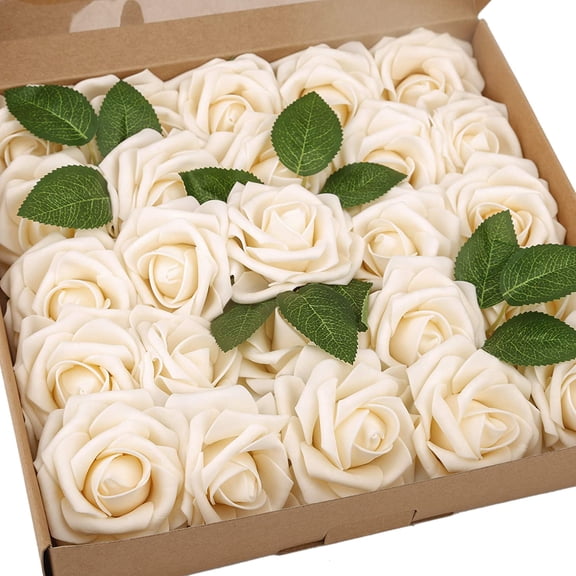 Artificial Rose Flowers Real Touch 25pcs Faux Foam Roses Fake Flower Head w/Stem, DIY Wedding Decor Bridal Bridesmaid Bouquets Centerpieces Baby Shower Party Home Decorations (Champagne)