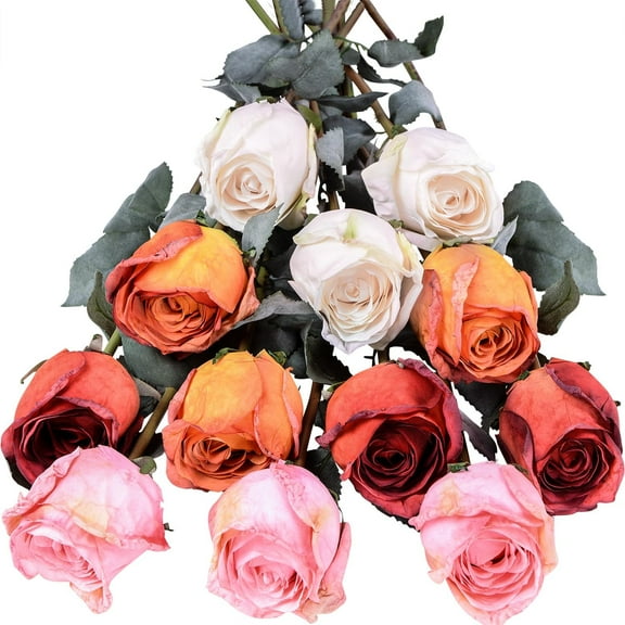Artificial Rose Flowers Realistic Silk Burnt Edge Vintage Rose with Long Stem for Home Bridal Wedding Party Floral Bouquets Decoration (Pcs, Mixed Color)