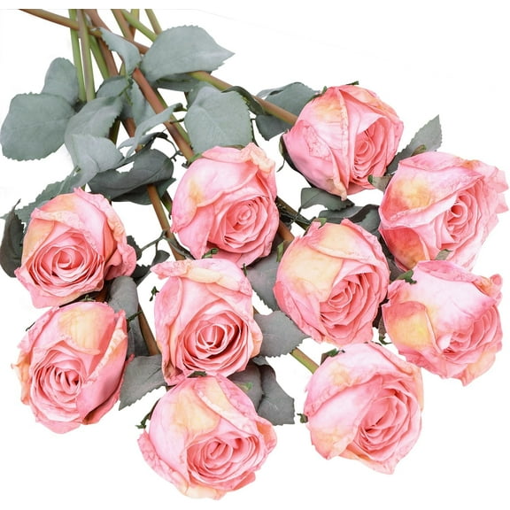 Artificial Rose Flowers Realistic Silk Burnt Edge Vintage Rose with Long Stem for Home Bridal Wedding Party Floral Bouquets Decoration (Pcs, Pink)
