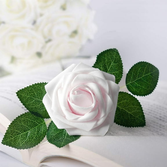 Artificial Rose Flowers Set 25pcs Soft Foam Realistic Fake Roses 3in Head 8in Stem DIY Wedding Bouquet Bridal Shower Home Party Valentine’s Day Decor