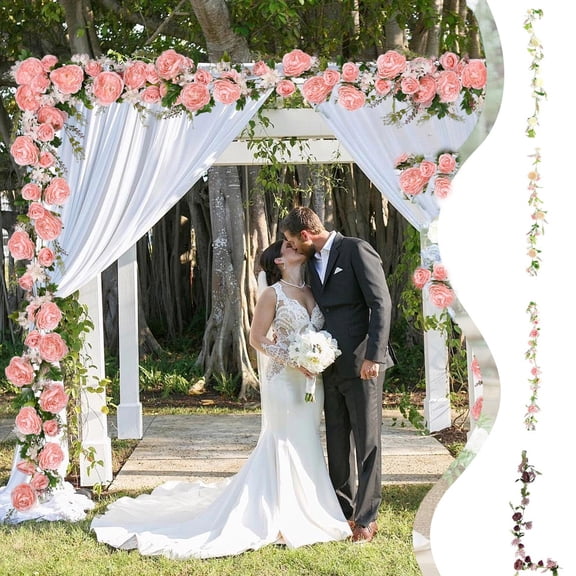 Artificial Rose Garland 5.91ft Decorative Flower Vine | Realistic Plastic Rattan for Indoor Outdoor Ceiling Covering, Wedding Arch, Wall Window Wedding Home Event Decor | Pink White Rose Gold Purple