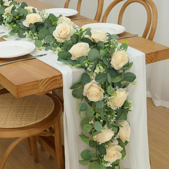 Artificial Rose Garland 6.3 ft Silk Flower Vine with White Roses & Baby’s Breath for Wedding Arch, Table Runner, Home Party Decor