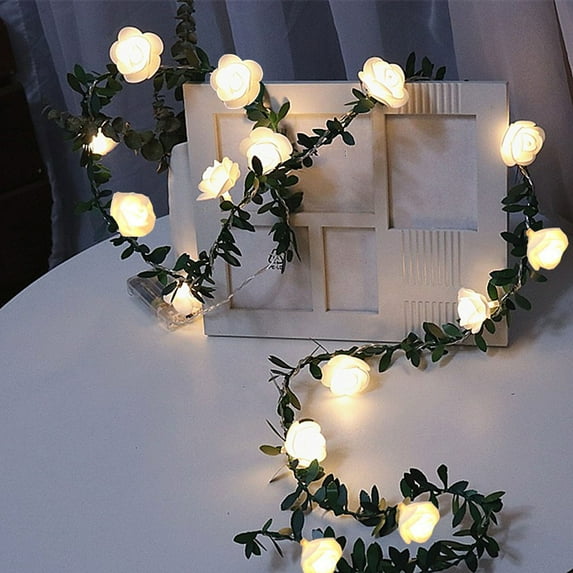 Artificial Rose Garlands,Real Touch Winter Pine Garland for Table,Christmas Led Rose Rattan Lamp String,20 Lights Simulation Green Rattan Rose Lamp String Room Bedroom Wedding Holiday Decoration