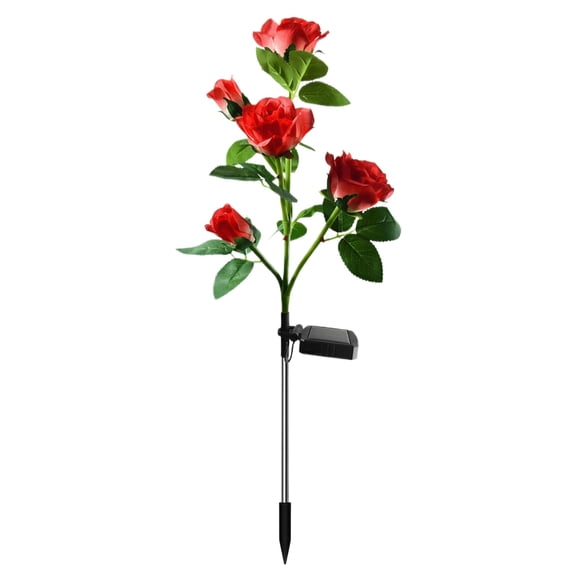 Artificial Rose Ground Stake with 5 Heads, 26.7in Faux Greenery Plug-in, UV Resistant Outdoor Floral Decor, Maintenance Free Landscape Accent, Vibrant Bloom, 1pcs, Red