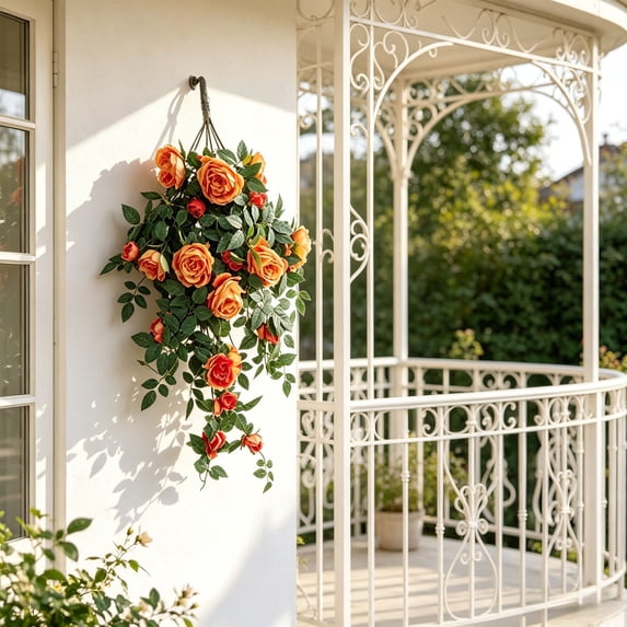 Artificial Rose Hanging Basket, UV Fade Resistant Faux Flowers for Outdoor Indoor Decor, Realistic Hanging Planter for Porch Patio Balcony Garden Wedding