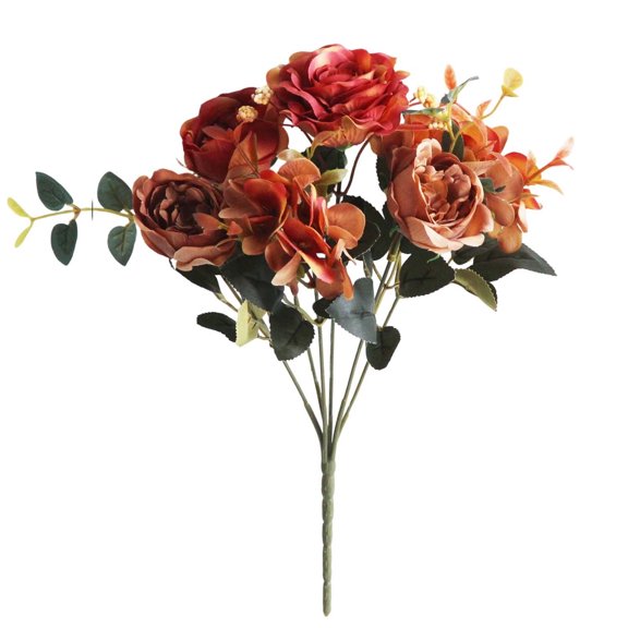 Artificial Rose and Hydrangea Bouquet 11.8 inch with Peony Accents in Pink Purple Rust Red Tones for Wedding Home Vase Decor Table Centerpieces, Soft Silk Petals Romantic Layered Design