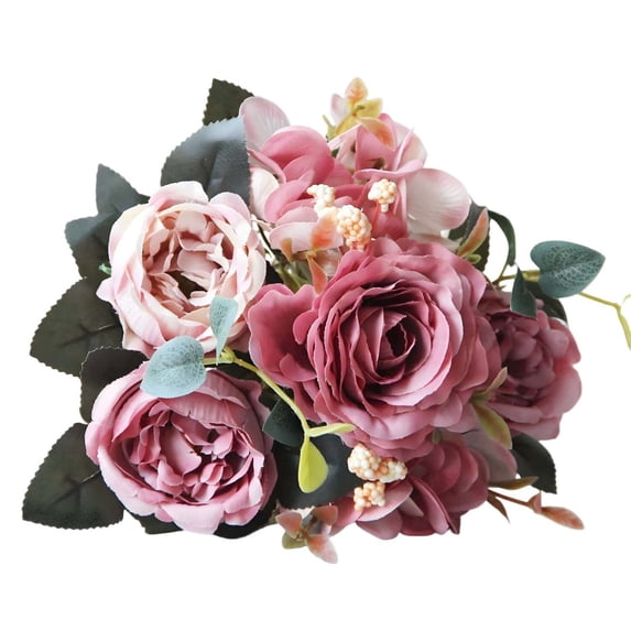 Artificial Rose and Hydrangea Bouquet 11.8 inch with Peony Accents in Pink Purple Rust Red Tones for Wedding Home Vase Decor Table Centerpieces, Soft Silk Petals Romantic Layered Design