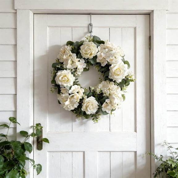 Artificial Rose Hydrangea Wreath 13.8 Inch Lush Spring Floral Door Hanging with Eucalyptus Leaves for Wedding Party Everyday Entryway