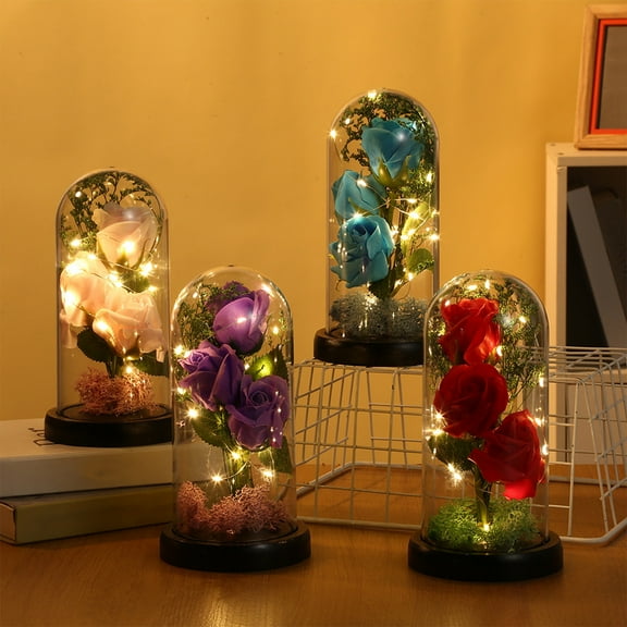 Artificial Rose with LED Light | Glass Dome Floral Gift | Plastic Wooden Base | Red Blue Pink | 4.3x8.6in | Decorative Flower Ornament | Home, Office, Anniversary, Wedding, Mother's Day Gift