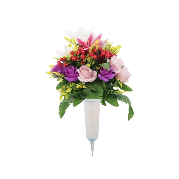 Artificial Rose Memorial Bouquet in Stake Bucket, 17-Head Cemetery Flower Decoration for Grave and Funeral Display, Pink and Purple