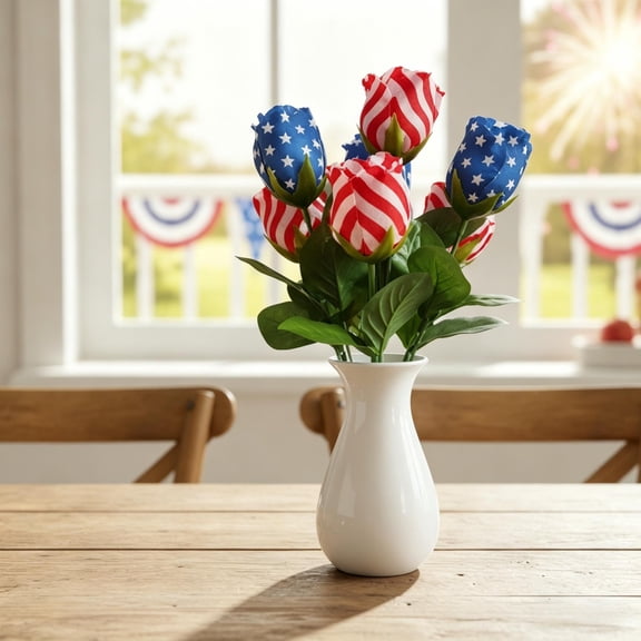 Artificial Rose Patriotic Flower Arrangement with American Flag Patterns Faux Floral Stems for Independence Day and Memorial Day Home Decor, 14 Inch