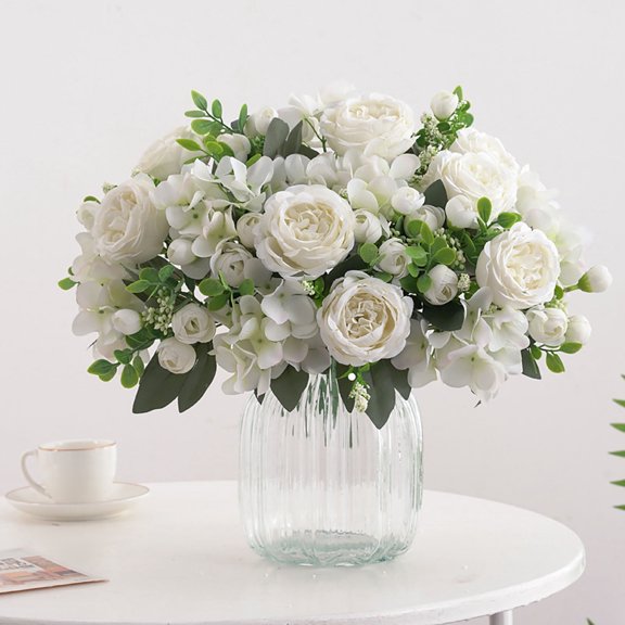 Artificial Rose & Peony Flower Bouquet Multicolour, Silk Floral Arrangement, 30cm, Greenery Stems, Home Wedding Party Decoration, Handheld Centerpiece Display