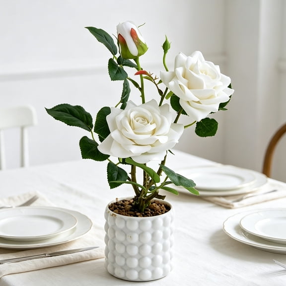 Artificial Rose Potted Plant, 11.8 Inch Faux Velvet Rose Arrangement in Textured Ceramic Pot, Realistic Fake Flower Bonsai for Home Bedroom Office Decor