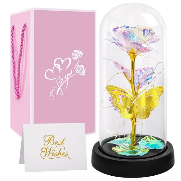Scidweet Artificial Rose Flower Gifts, Faux Flowers Preserved Rose in Glass Dome with Butterfly Anniversary Valentines Birthday Day Christmas Decorations for Mom Girlfriend and Wife Gifts