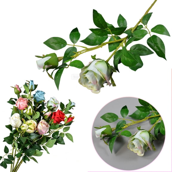 Artificial Rose Stem Verdsylv Single Branch Artificial Rose - 2 Bulgarian Roses Style - Wedding Hall Scene Decoration - Lifelike Flower for Hotel & Home, Fake Flowers for Wedding Centerpieces, Green