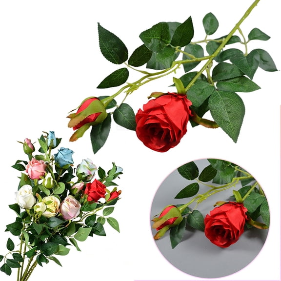 Artificial Rose Stem Verdsylv Single Branch Artificial Rose - 2 Bulgarian Roses Style - Wedding Hall Scene Decoration - Lifelike Flower for Hotel & Home, Fake Flowers for Wedding Centerpieces, Red