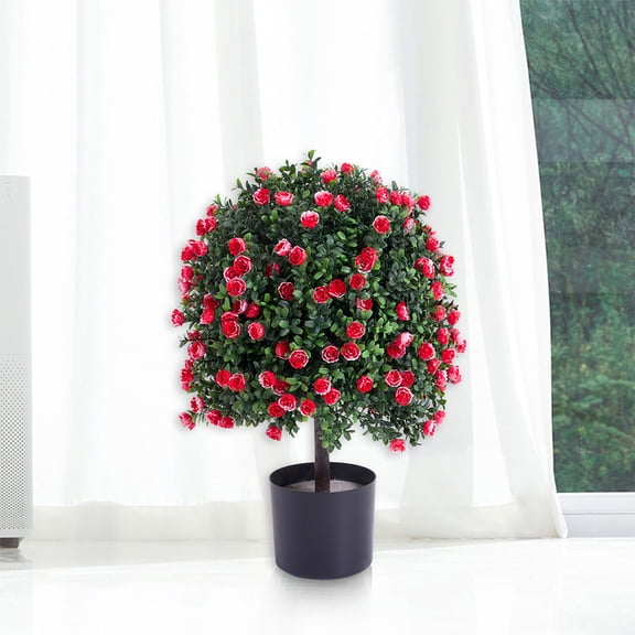 Artificial Rose Topiary Ball Tree, 21.65" Faux Potted Tree, Artificial Boxwood Topiary Ball Tree with Flowers,Outdoor Faux Potted Plants