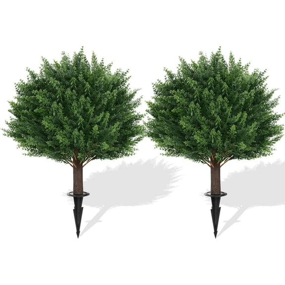 Artificial Rose Topiary Ball Trees with Ground Spike, 2 Pack 16 Inches Artificial Shrubs, Fake Evergreen Artificial Plant Brush for Indoor Outdoor Front Porch Garden
