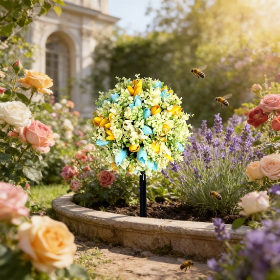 Artificial Rose Tree, Fake Flower Ball Tree, Outdoor Indoor Decor, Realistic Plastic Plant, No Maintenance, Home Office Shop Decoration