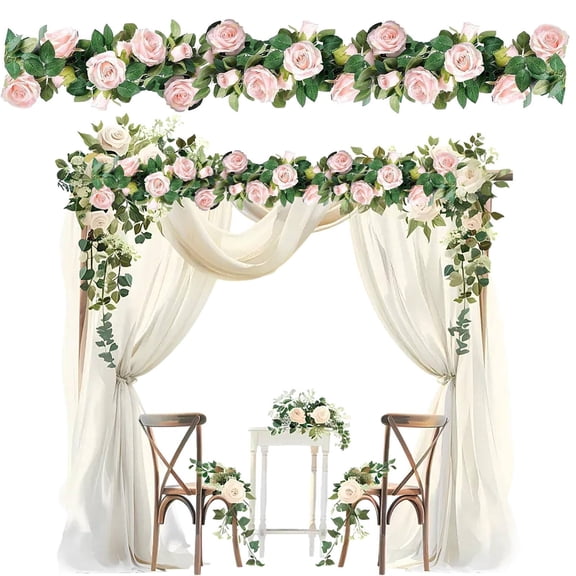 Artificial Rose Vine Garland - Pink Hanging Flower Chain for Wedding Arch, Background Wall, or Garden Decoration - Crepe Paper Floral
