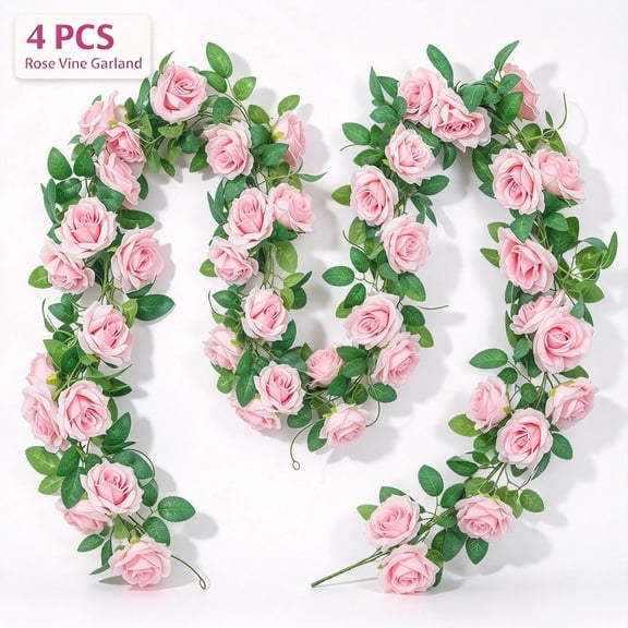 Youersen Artificial Rose Vine Garland, Silk Roses for Wedding Party Garden Background Decoration, 4 Pcs, Pink