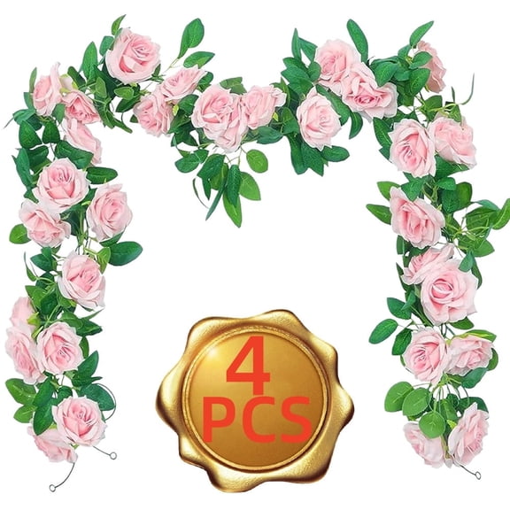 Youersen Artificial Rose Vine Garland, Silk Roses for Wedding Party Garden Background Decoration, 4 Pcs, Pink