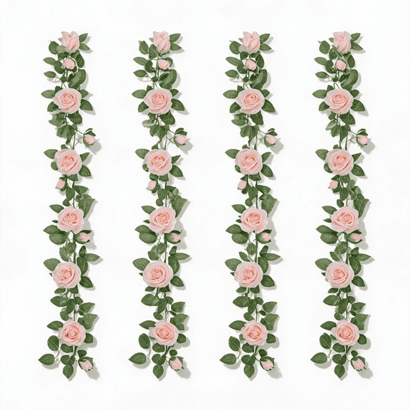 Artificial Rose Vine Garlands, 4-pack 26 ft Silk Fake Hanging Flowers in Pink for Wedding