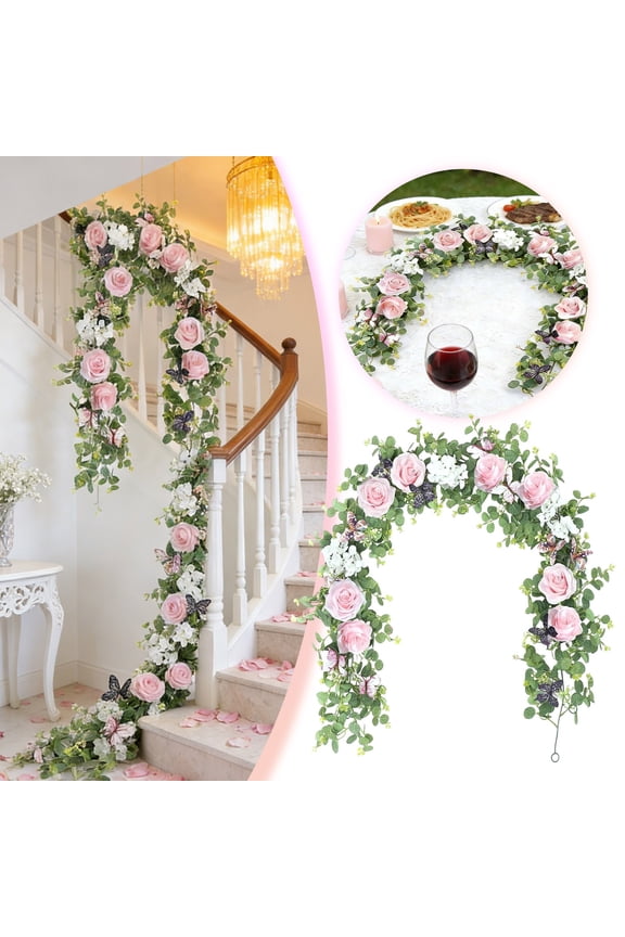 Artificial Rose Vine with Green Leaves, Flower Garland for Home Decor, Wedding Party Backdrop, Wall Hanging, Valentine's Day Spring Decor, Indoor Outdoor Easter Garland