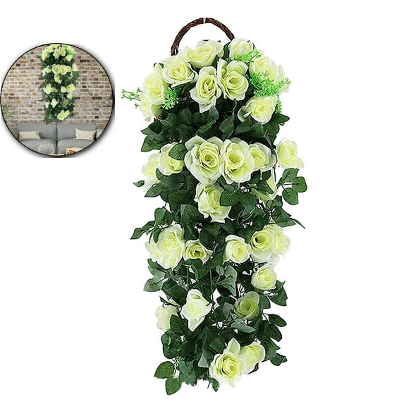 Artificial Rose Vine Hanging Plants Fake Flower Outdoor Flowers Fake Hanging Flower, UV Resistant for Indoor Outside Garden Porch Window