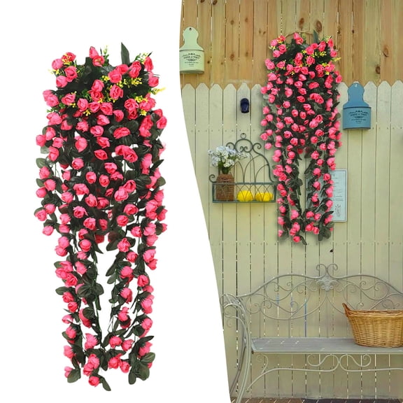 Artificial Rose Wall Hanging, Deep Pink Silk Flowers,Realistic Fake Flower Bouquet for Indoor & Outdoor Home Decor,Door Decoration,Garden Wall,Wedding,Party & Holiday Decoration,fake hanging flowers