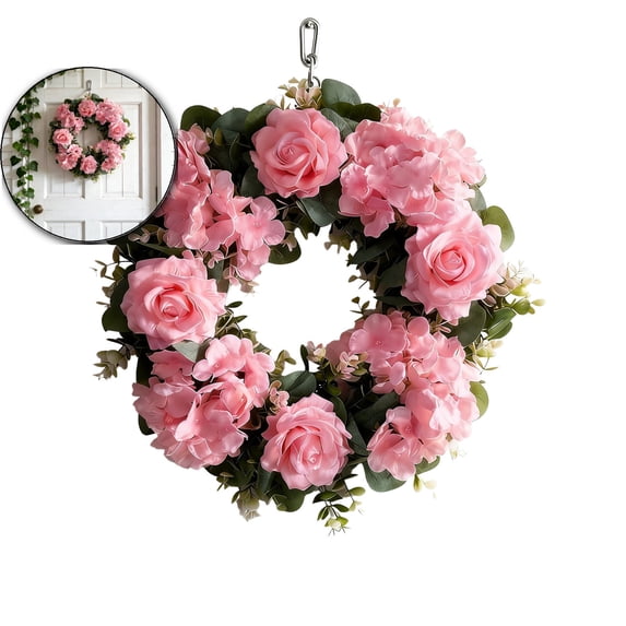 Artificial Rose Wreath - 13.7 Inch Front Door Wreath with Hydrangea Leaves for Spring, Valentine's, Mother's Day, Wedding & Home Decor