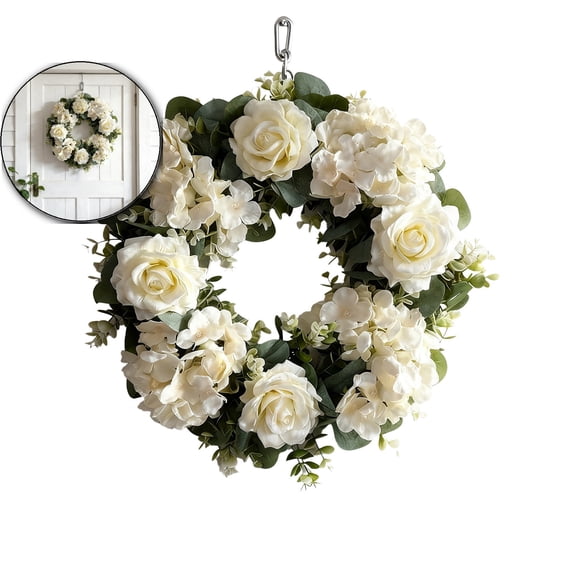 Artificial Rose Wreath - 13.7 Inch Front Door Wreath with Hydrangea Leaves for Spring, Valentine's, Mother's Day, Wedding & Home Decor
