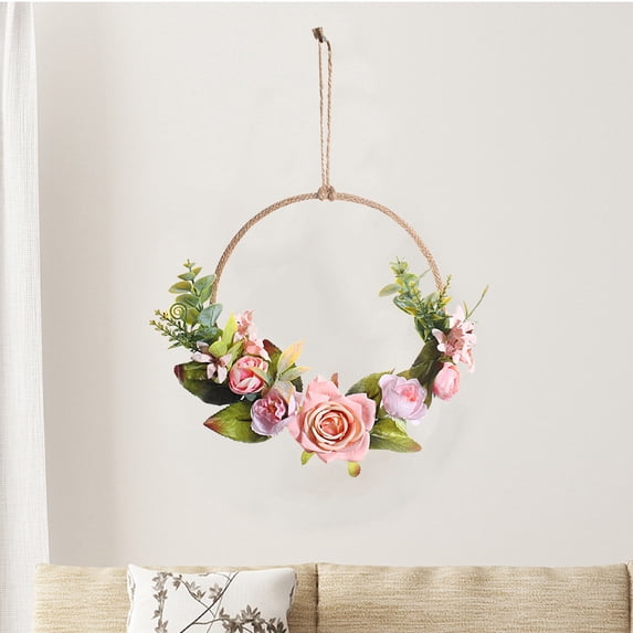 Artificial Rose Wreath | Floral Door Hanging Decor | Faux Flower Wall Ornament | Simulation Pink Beige Wedding Decoration | 1pc | 13.77x7.87in | Home Bedroom Living Room