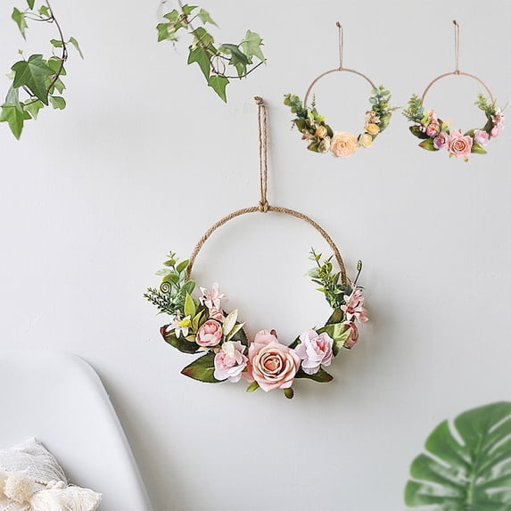 Artificial Rose Wreath | Simulation Flower Wall Hanging - Metal Frame - Pink Beige | Door Decoration, Home Bedroom Living Room Decor | 1 Pack | 13.77x7.87in | Easy Maintenance