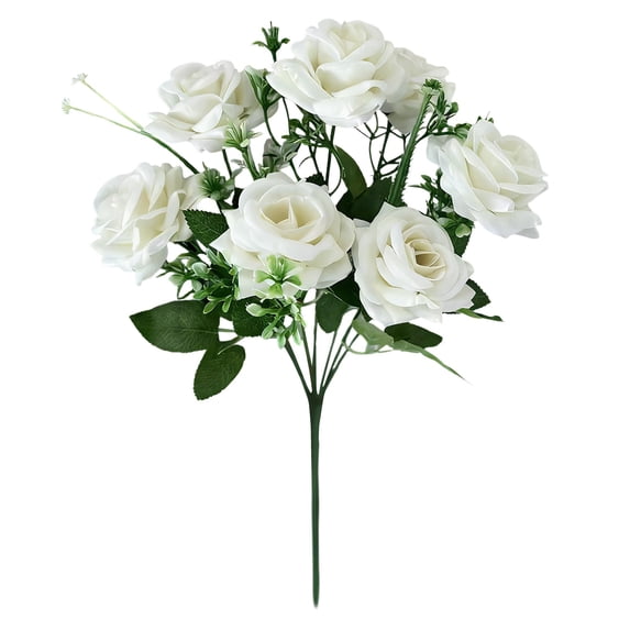Artificial Roses 1 Pc 7 Heads Burnt Edge Bouquet Artificial Roses Flower with Stems Slik Fake Flowers Bouquet for Valentine's Day Home Wedding Party Decoration, 14.96 Inch, White