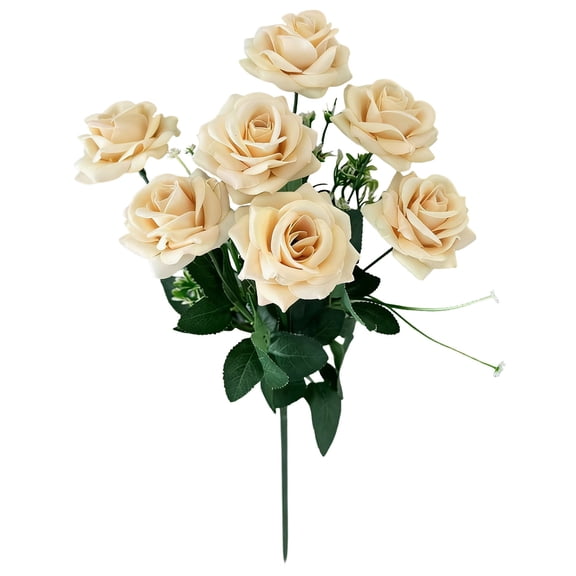 Artificial Roses 1 Pc 7 Heads Burnt Edge Bouquet Artificial Roses Flower with Stems Slik Fake Flowers Bouquet for Valentine's Day Home Wedding Party Decoration, 14.96 Inch, Beige