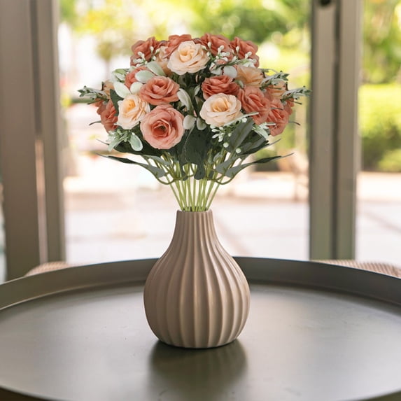 Artificial Roses Bouquet, Fake Red Rose Flowers with Green Leaves Small Floral Arrangement for Home Table Centerpiece Wedding Party Decor