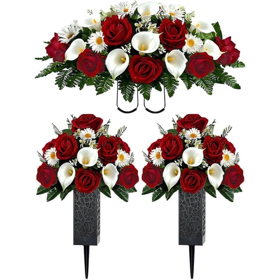 Artificial Roses Calla Lily Daisy Cemetery Flowers Outdoor Grave Decorations - Saddle Arrangement for Headstone,Outdoor Tombstone Memorial Decorations, Easy Fit (Red White 3Pc Set)