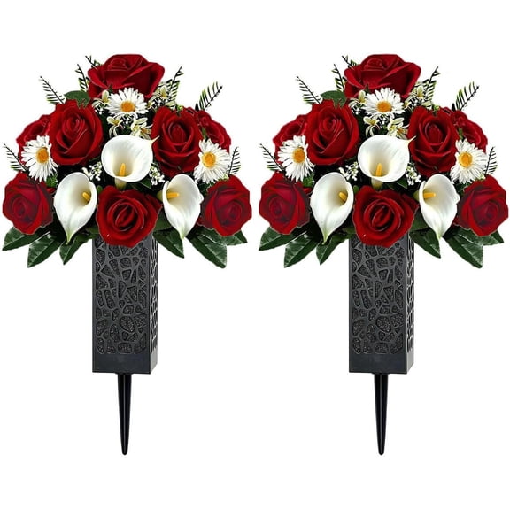 Artificial Roses Calla Lily Daisy Cemetery Flowers Outdoor Grave Decorations - Saddle Arrangement for Headstone,Outdoor Tombstone Memorial Decorations, Easy Fit (Red White 2Pc with Vase)
