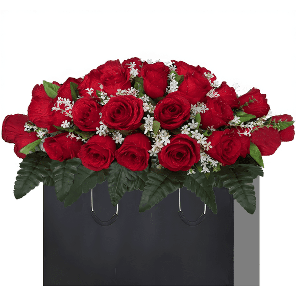 Artificial Roses Cemetery Silk Flowers Outdoor Grave Decorations Saddle Arrangement for Headstone,Tombstone Memorial Decorations,Easy Fit