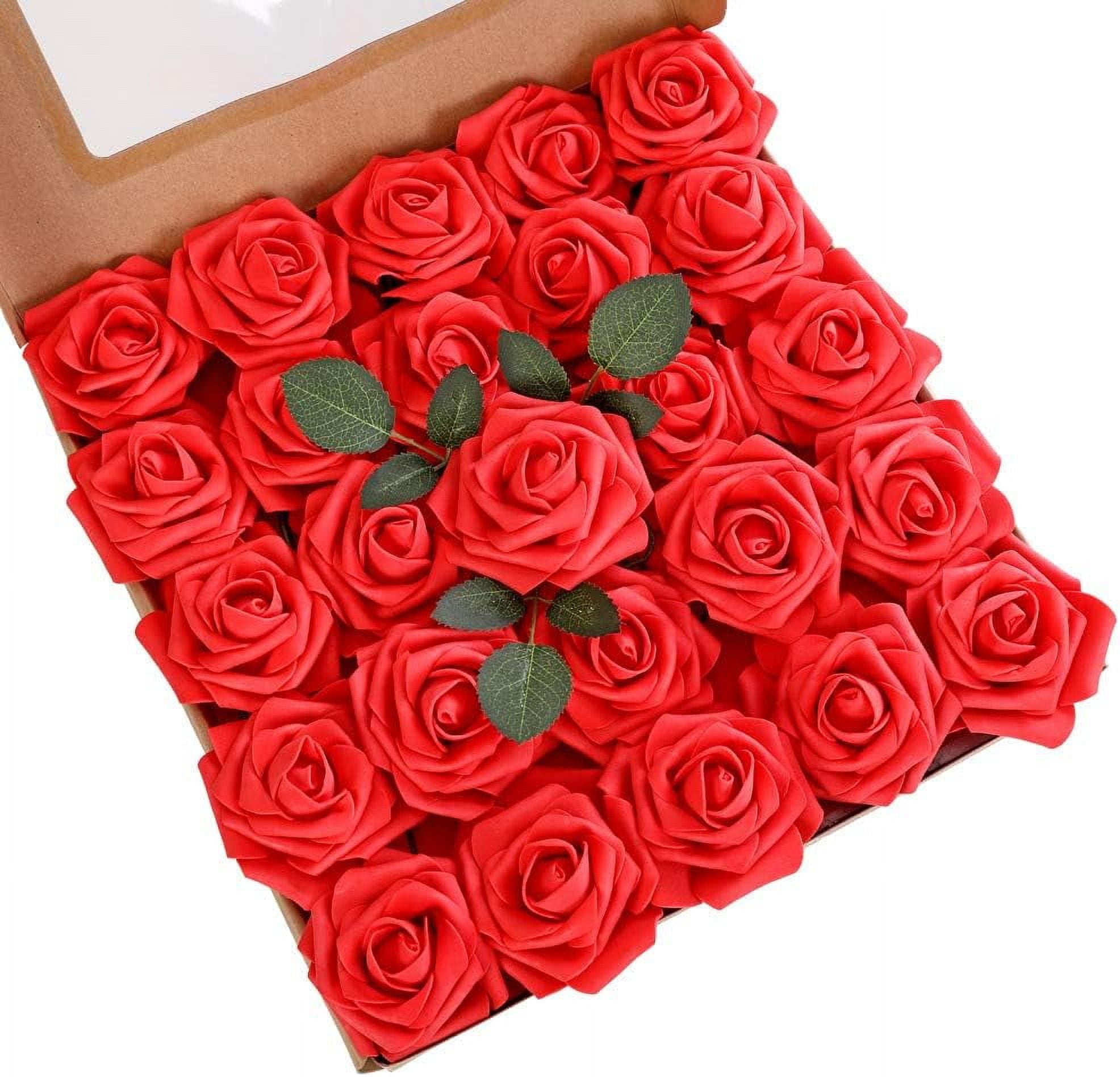 Artificial Roses Flowers 25pcs Red Real Looking Fake Roses w/Stem for ...