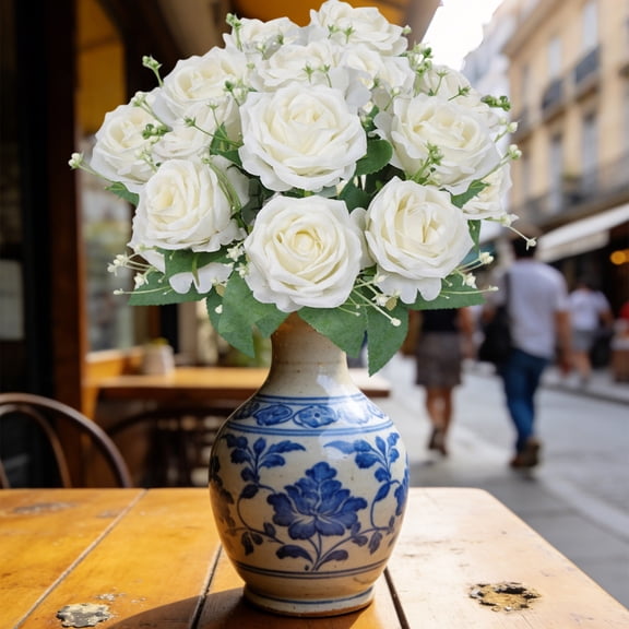 Artificial Roses Flowers, Silk Fake White Roses with Stems Realistic Bouquets for Wedding Centerpiece Holiday Decorations Home Decor Party Crafts DIY, 12.2"