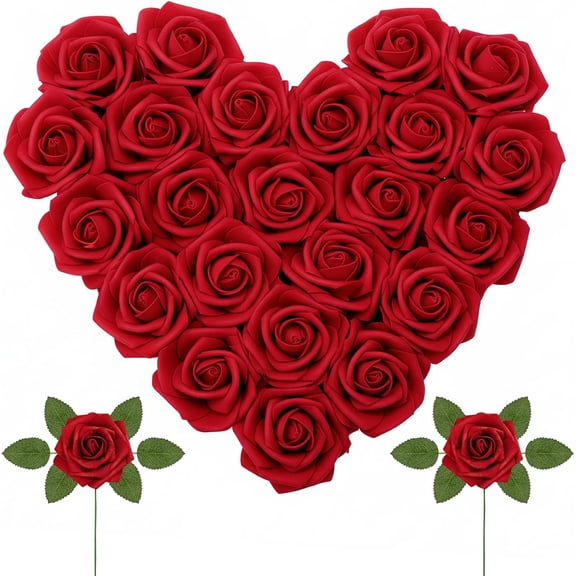 25 Pcs Artificial Red Roses, Silk Flower Stems for DIY Wedding Bouquets, Valentine's Day Gift, Home Decor and Table Centerpieces