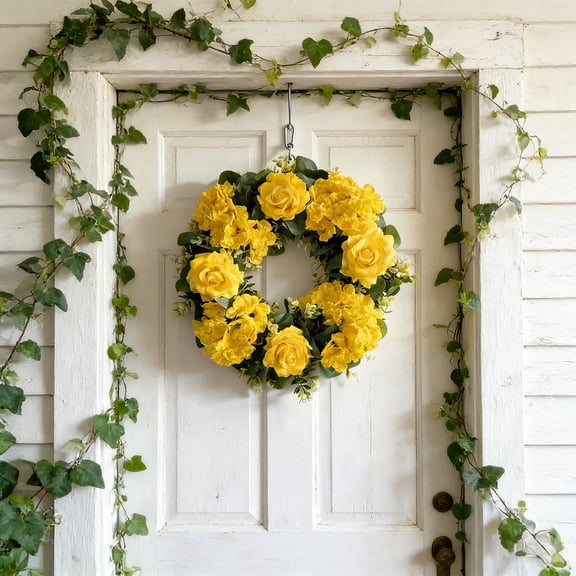 Artificial Roses Hydrangeas Spring Floral Wreath, Full-Bloom Realistic Door Hanging Garland – Everyday Party Photo Backdrop Decor for Living Room Kitchen Window Entryway