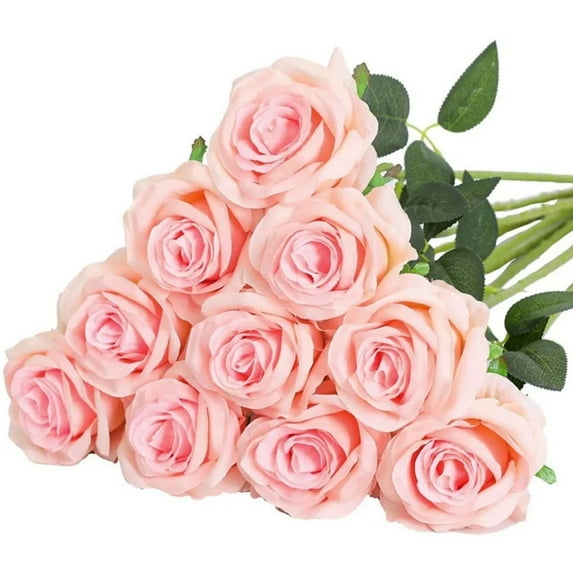 Artificial Roses, Ongmies 12 Pcs Rose Artificial Flowers Realistic White Roses with Stems Single Silk Rose Flower Bouquet for Wedding Centerpieces Arrangement Bridal Shower Home Table, Pink